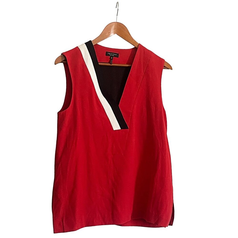 Rag & Bone Red V-Neck Contrast Stripe Sleeveless Blouse Crepe Top - Size S/P - Picture 5 of 8